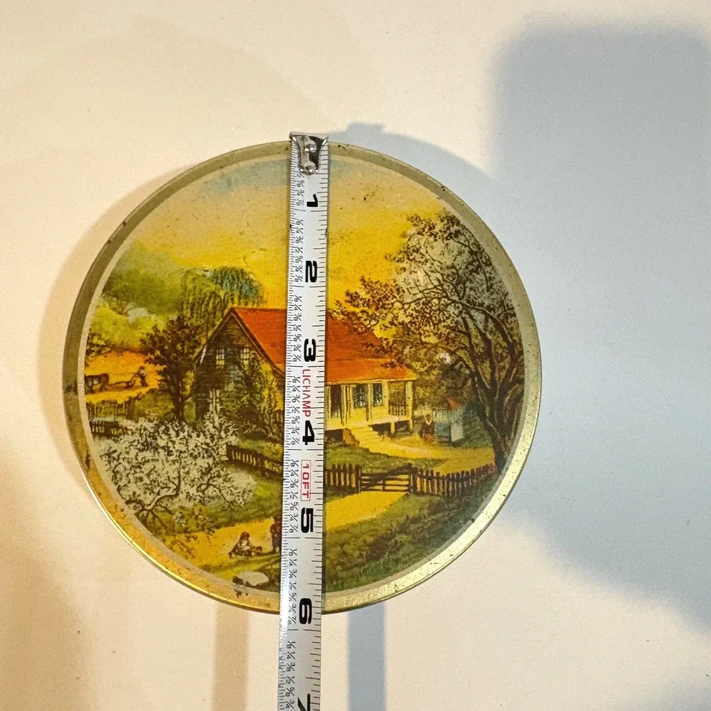 Vintage Round Metal Farmhouse Landscape Decorative Storage Tin Country Scene 6in